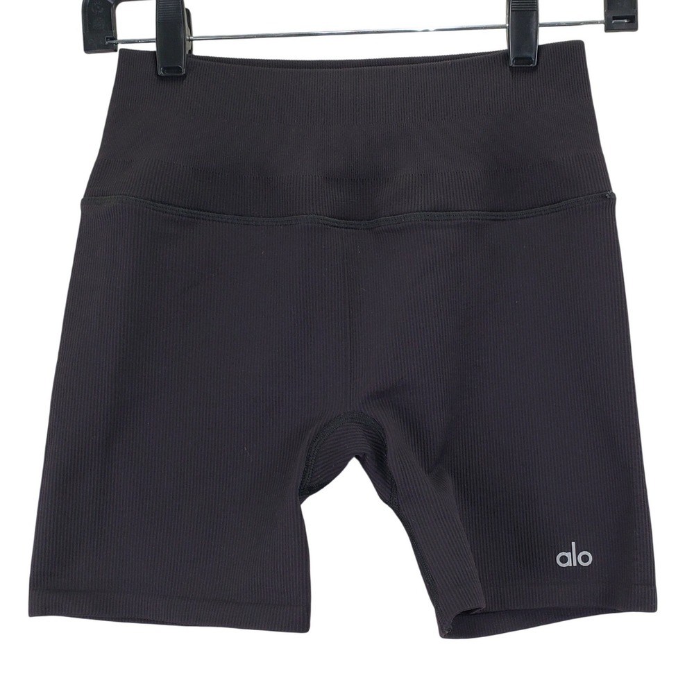 Alo Yoga Seamless Ribbed Biker Shorts Womens S Black High Rise Yoga Athleisure